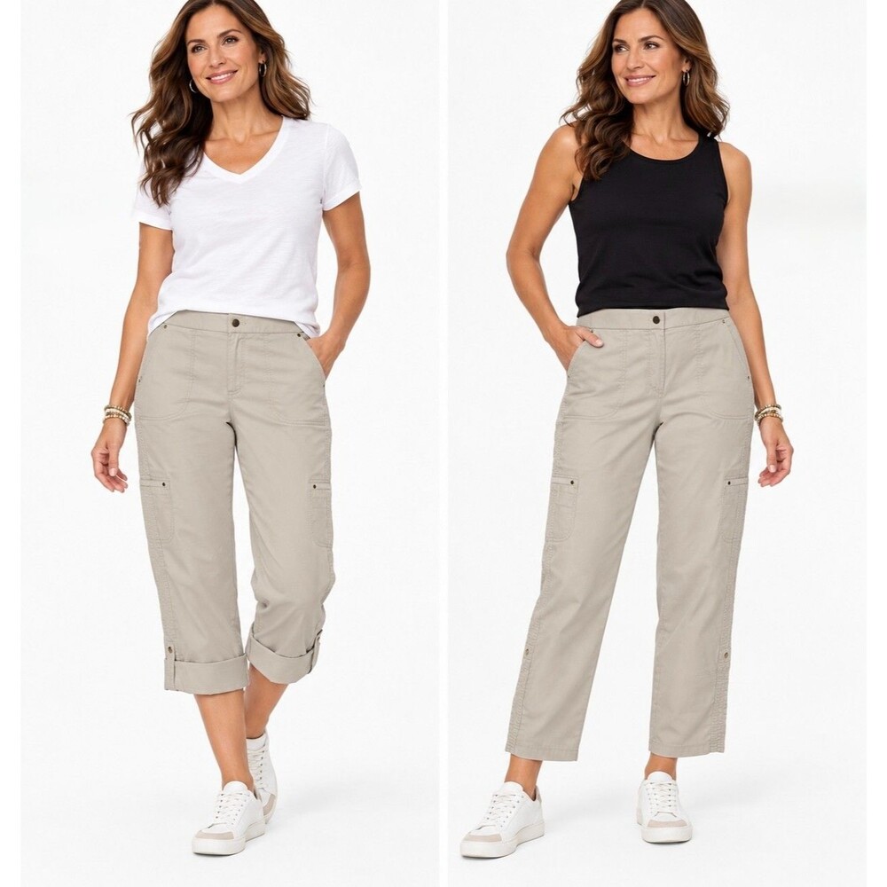Chico’s 3 XL 16/18 Luxe Twill Utility Basic Crop Pants Cement Roll Up Cargo